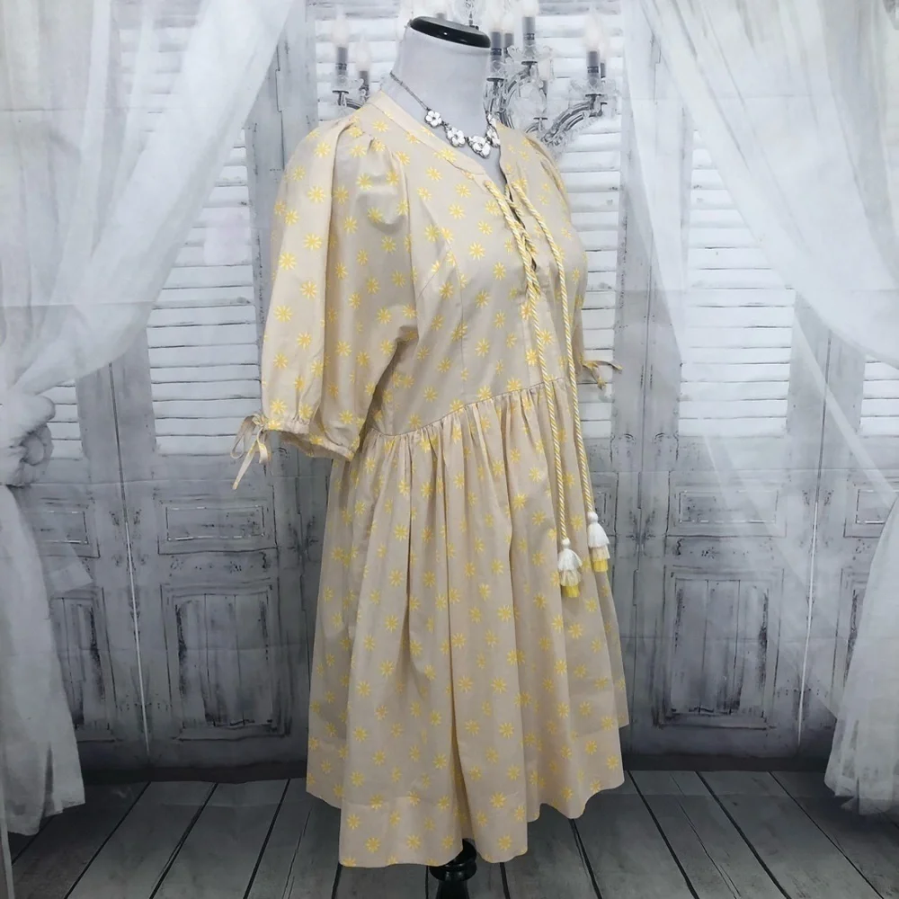 Chelsea & Violet Large Dress Yellow Floral Cotton Short Sleeve Tassels V Neck - Picture 6 of 11